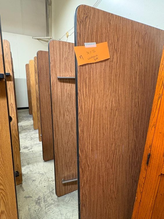 Lot of 7, Wood Grain Laminate Top, Adjustable Height Work Tables, 72in x 36in
