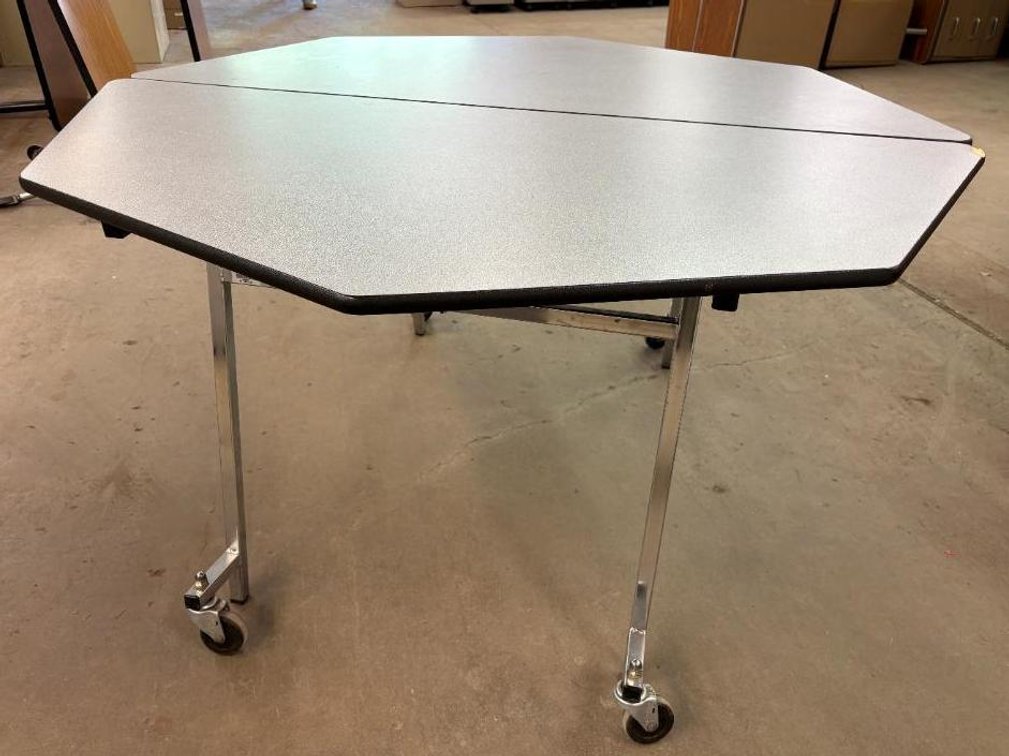 Folding, Mobile Cafeteria Table, Octagon, 60in Dia. (Chip in Laminate)