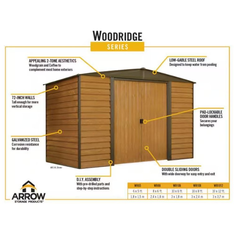 New, Arrow Storage Building, 10ft x 8ft, Woodgrain Wall/Door, Roof, Trim & Gable Coffee