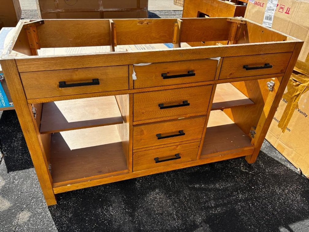 New, Base Cabinet / Vanity, 4 Center Drawers, 2 Side Drawers, 2 Side Shelves, 53in W, 34in H x 21in D