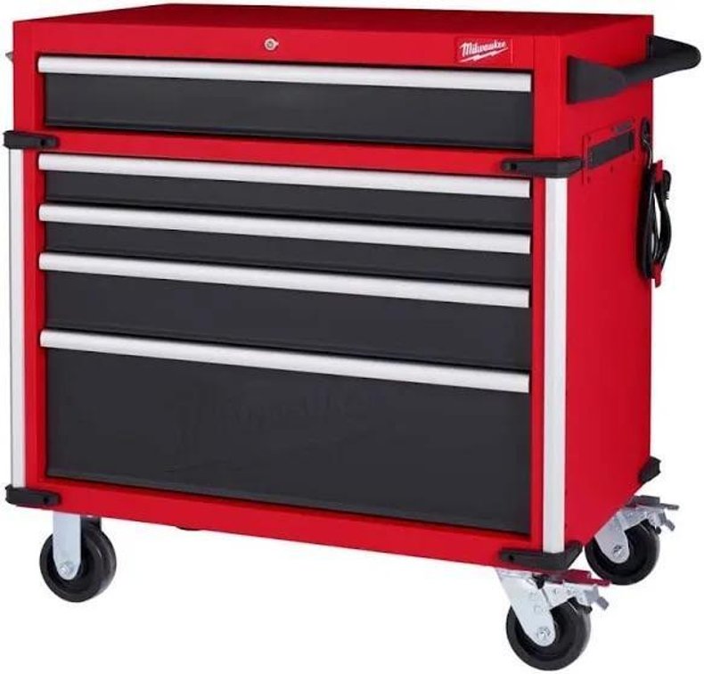 Milwaukee 36in High Capacity Industrial 5-Drawer Steel Storage Cabinet, New in Box, 18-Gauge, 36in x22inx37in H