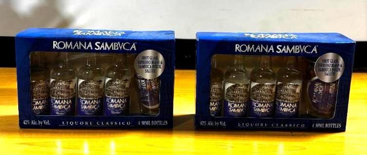 (2) Gift Packs, Romana Sambvca Liquore, ea. w/ 4 50ml Bottles w/ a Shot Glass, 8 bottles, 2 glasses total