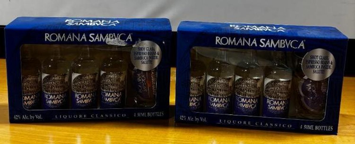 (2) Gift Packs, Romana Sambvca Liquore, ea. w/ 4 50ml Bottles w/ a Shot Glass, 8 bottles, 2 glasses total