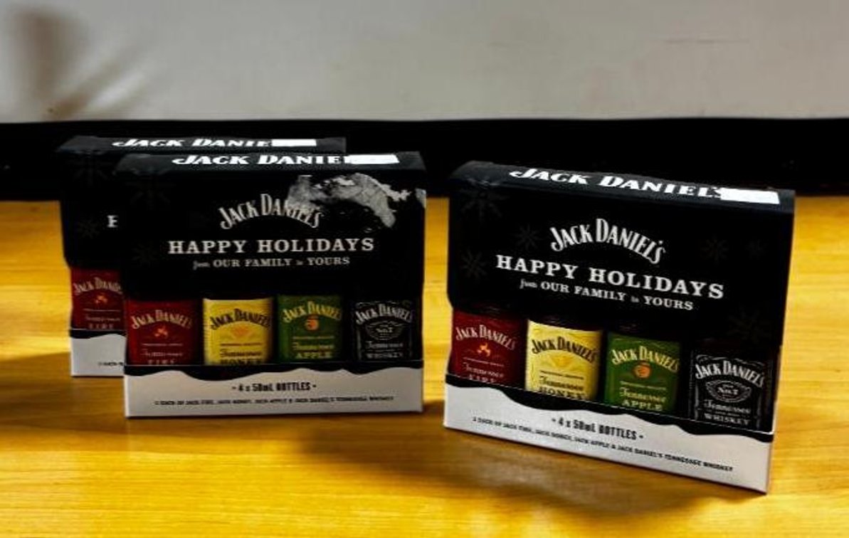 (3) Gift Packs, Jack Daniel's Happy Holiday, ea. w/ 4 50ml Variety of Jack Daniel's Whiskey, Fire, Honey, Apple & No. 7