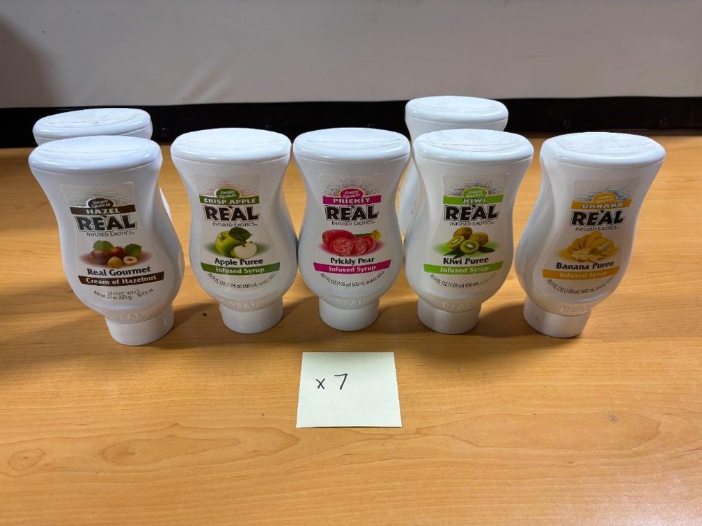 Lot of 7 Squeeze Bottles of REAL Infused Exotics, Apple, Hazelnut, Pear, Kiwi, Banana
