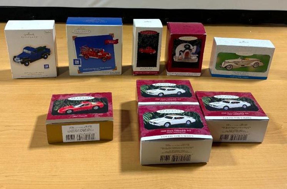 Group of Classic Car and Truck Christmas Ornaments, Hallmark Keepsake