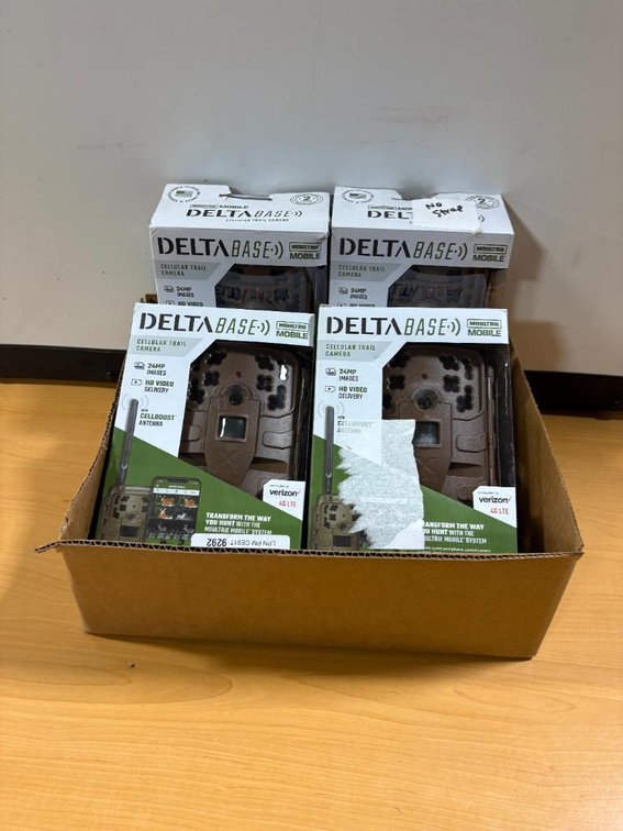 Lot of 4, DeltaBase Cellular Trail Cameras, Verizon, One Missing Cord, Sold As-Is