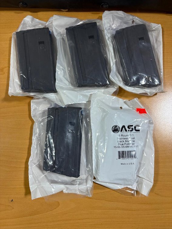 Five New ASC - 15 Round 6.5 Stainless Steel Black Marlube Blue Follower Magazines, 15-65-SS-BM-BL-ASC