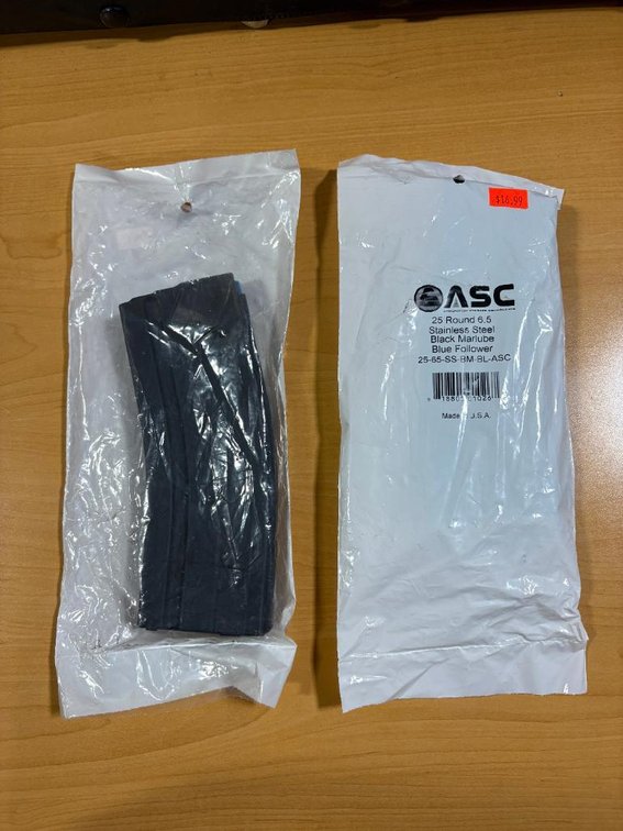 Two, New, ASC 25 Round 6.5 Stainless Steel Black Marlube Blue Follower Magazines, 25-65-SS-BM-BL-ASC