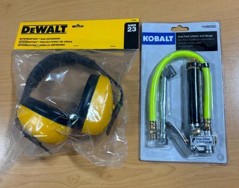 New, DeWalt NRR23 Interrupter Ear Defender, Kobalt Dual Foot Inflator w/ Gauge