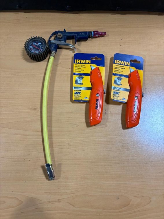 Two Irwin Razor Blade Knives, Tire Gauge and Inflator Chuck