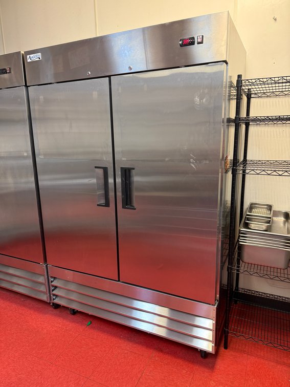 Avantco Model 178A49RHC - 2-Section, 2-Door Stainless Steel Commercial Refrigerator on Mobile Base