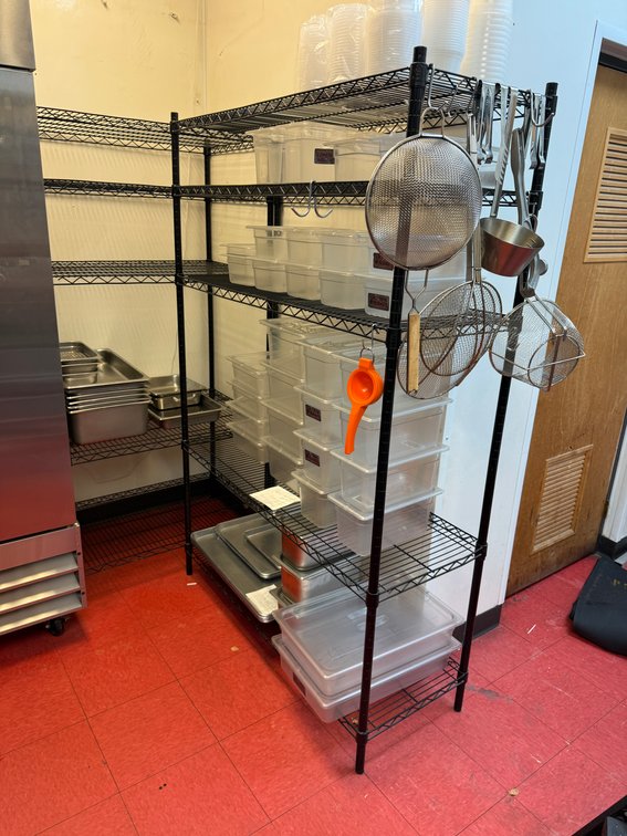 Lot of 2, Black Epoxy Over Chrome Restaurant Shelving Racks, Both 72in H, 48in & 36in W, 18in & 24in D