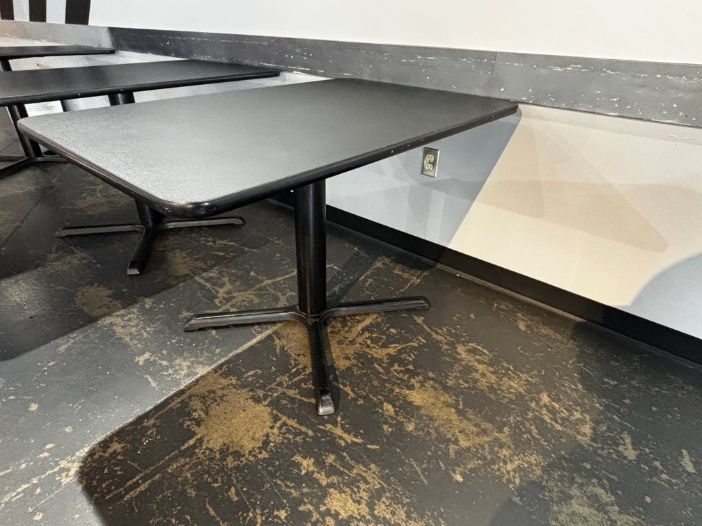 Restaurant Table, Black Laminate Top, Single Pedestal Base, 48in x 30in x 29-1/2in H