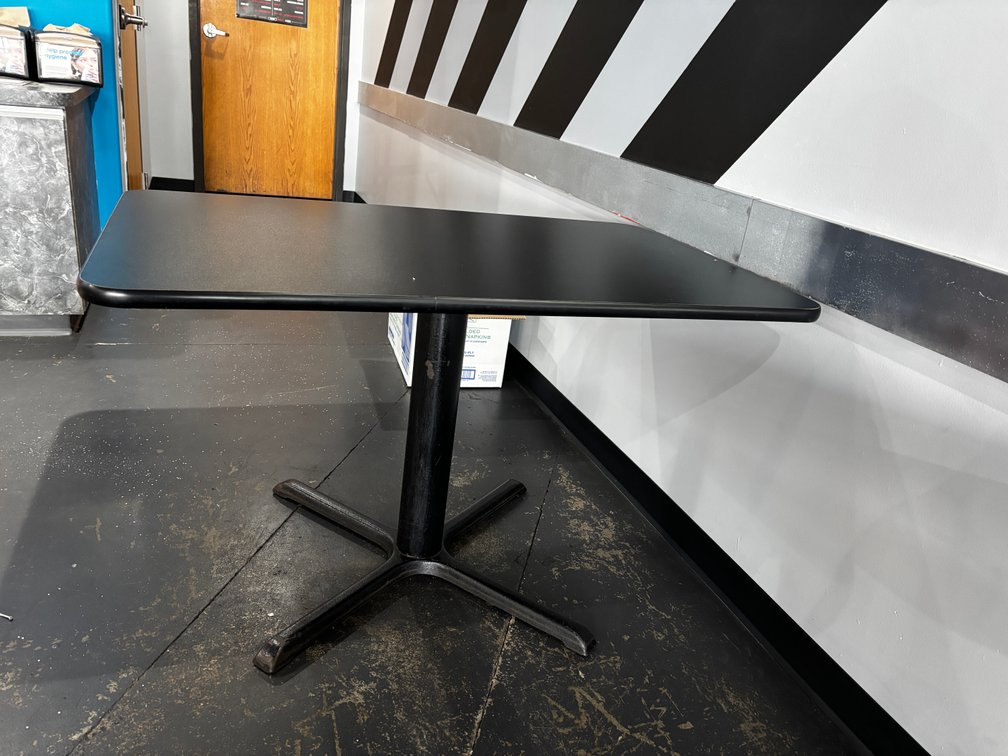 Restaurant Table, Black Laminate Top, Single Pedestal Base, 48in x 30in x 29-1/2in H
