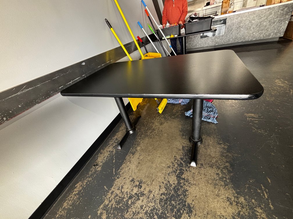 Restaurant Table, Black Laminate Top, Single Pedestal Base, 48in x 30in x 29-1/2in H