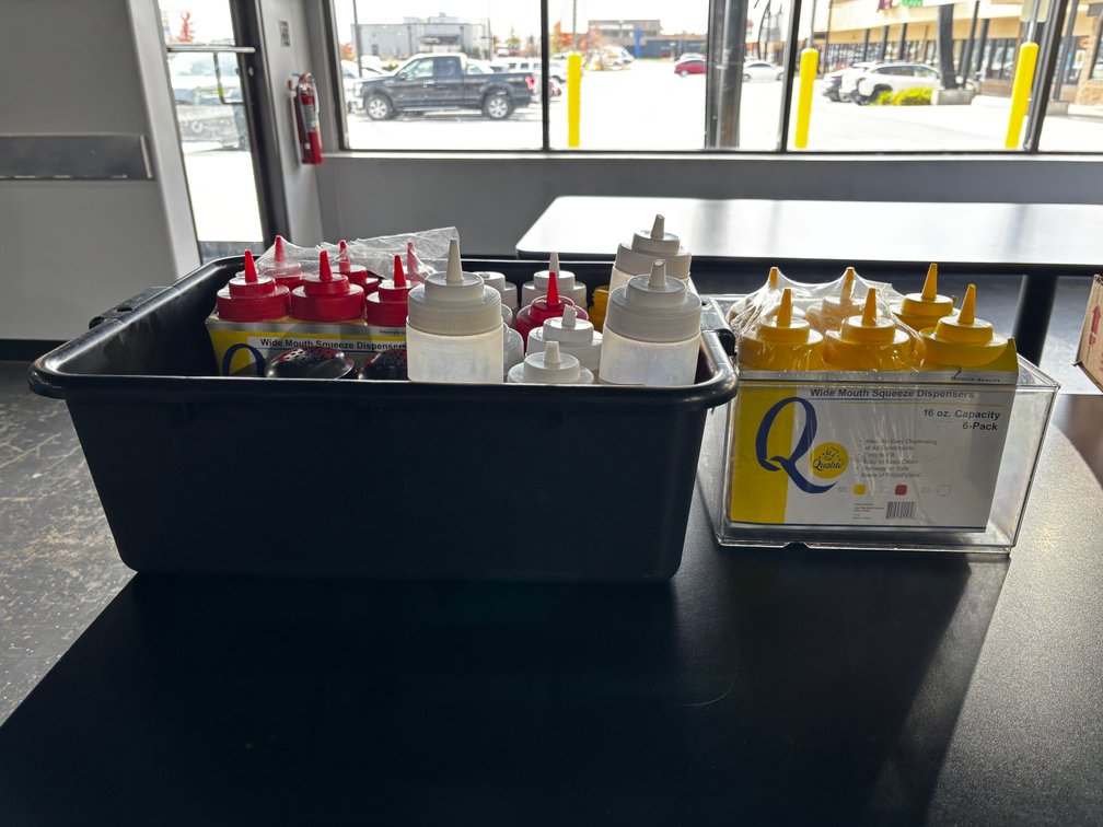 Bus Tub Full of Squeeze Bottles, Ketchup & Mustard Squeeze Bottles, Seasoning Shakers, Some New