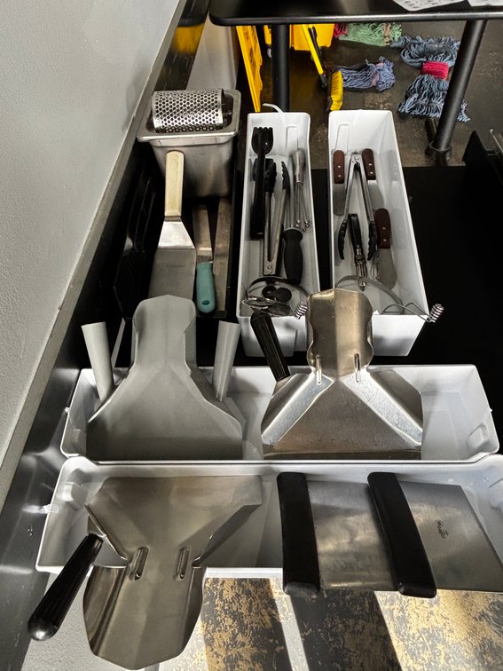 Group of Commercial Kitchen Utensils & Supplies, Fry Scoops, Scrapers, Peelers, Spreaders, Butter Roller & More