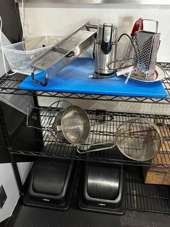 San Jamar Cutting Boad, Colanders, Two Slim Jim Trash Can Lids, Shredders, Bean Grinder, Mandolin