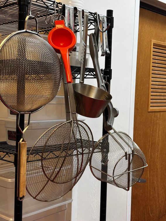 Group of Skimmers, Basket, Large Ladle, Juice Press, Lid Opener, Hangers