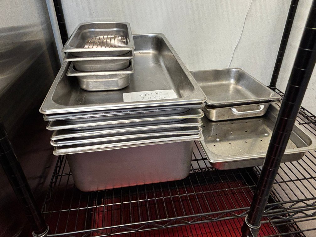 Steams Pans, 9 Full-Size, (3) 1/3 Size, (1) 1/2-Size, 2 False Bottoms, 1/3 & Full-Size, 1 Half-Size Lid