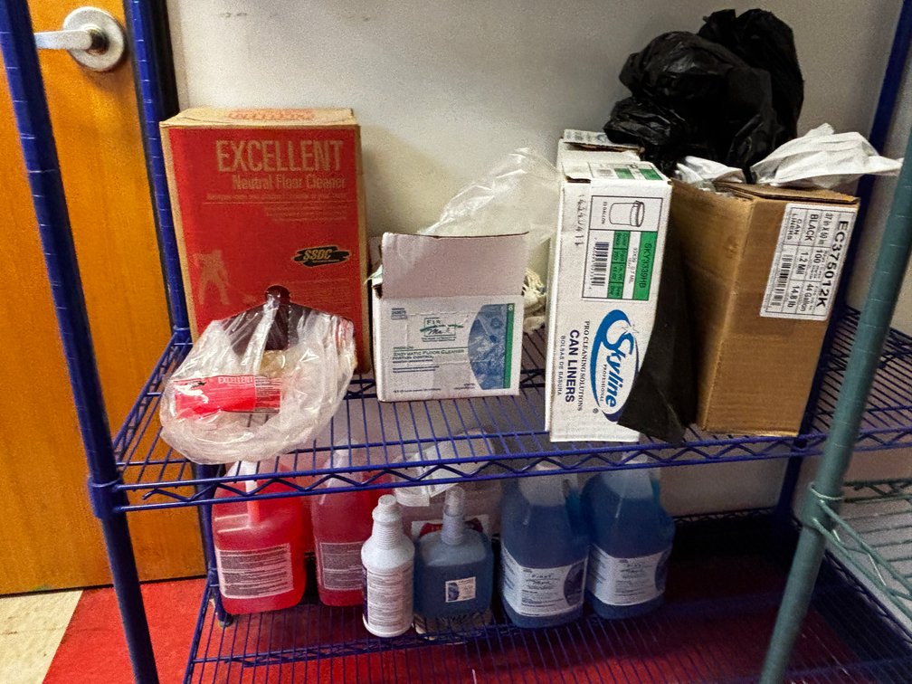 Two Shelves of Restaurant Cleaning and Sanitation Products, See Images for Details