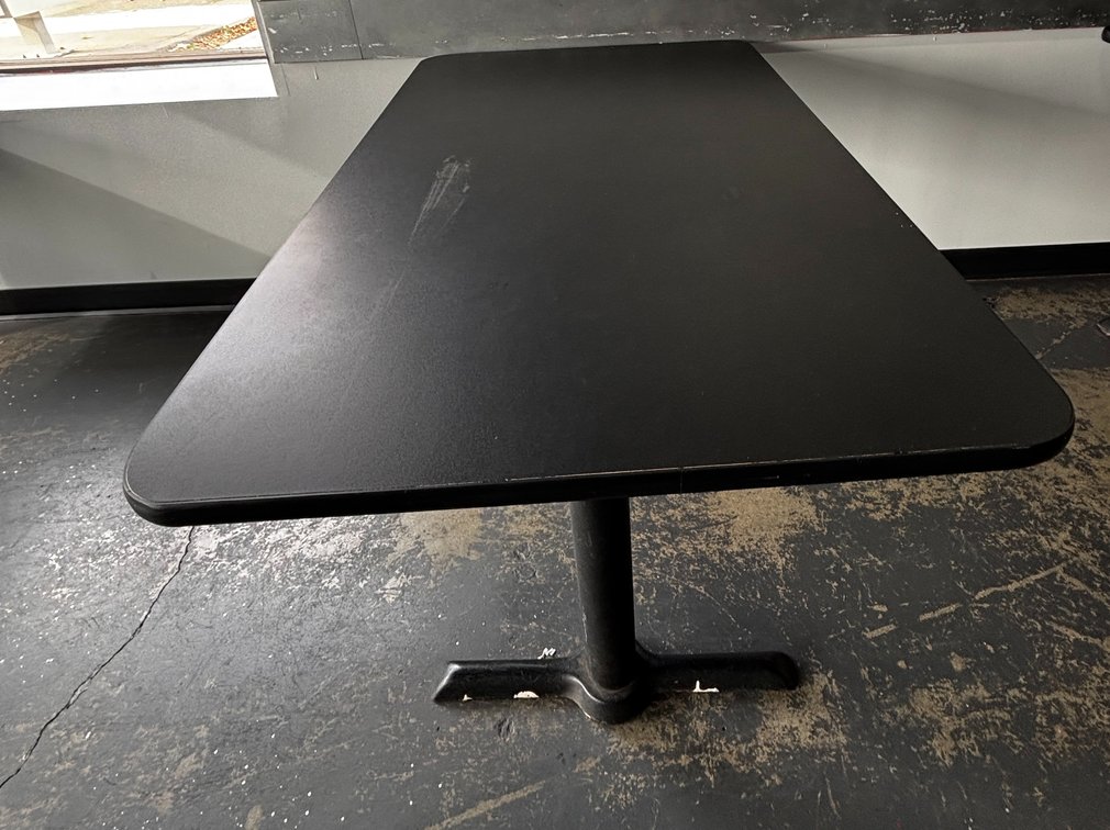 Restaurant Table, Black Laminate Top, Single Pedestal Base, 48in x 30in x 29-1/2in H