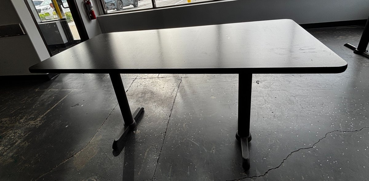 Restaurant Table, Black Laminate Top, Double Pedestal Base, 60in x 30in x 29-1/2in H