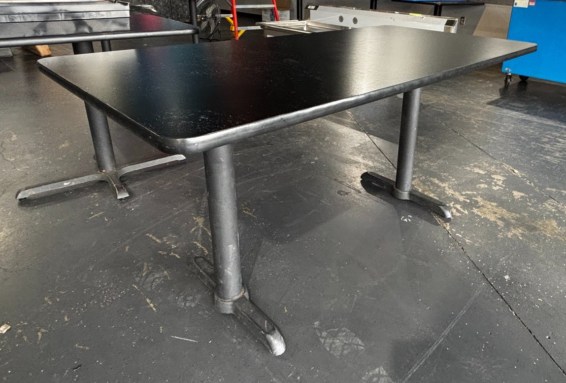 Restaurant Table, Black Laminate Top, Double Pedestal Base, 60in x 30in x 29-1/2in H