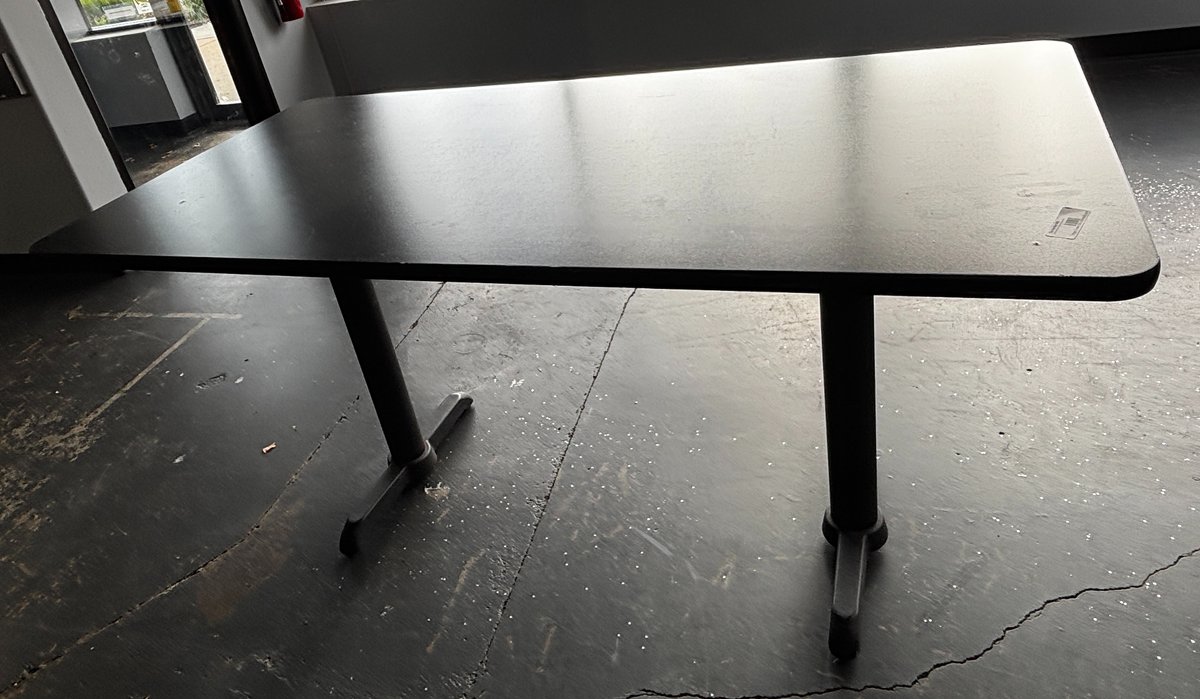 Restaurant Table, Black Laminate Top, Double Pedestal Base, 60in x 30in x 29-1/2in H