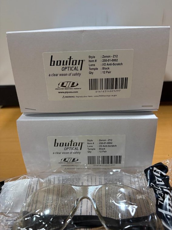2, New Cases, 12/Case, 24 Total; PIP Bouton Optical Safety Glasses, Anti-Scratch, Temple Black