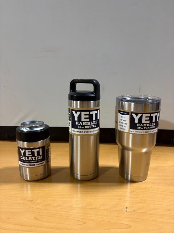YETI Lot of 3, New - Can Colster, 30oz Rambler Tumbler, 18oz Rambler Bottle, All Stainless Steel & Black