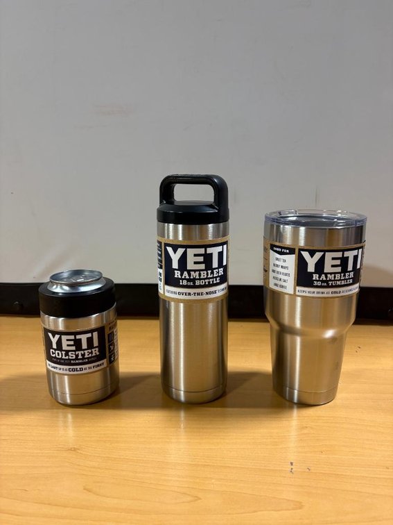 YETI Lot of 3, New - Can Colster, 30oz Rambler Tumbler, 18oz Rambler Bottle, All Stainless Steel & Black