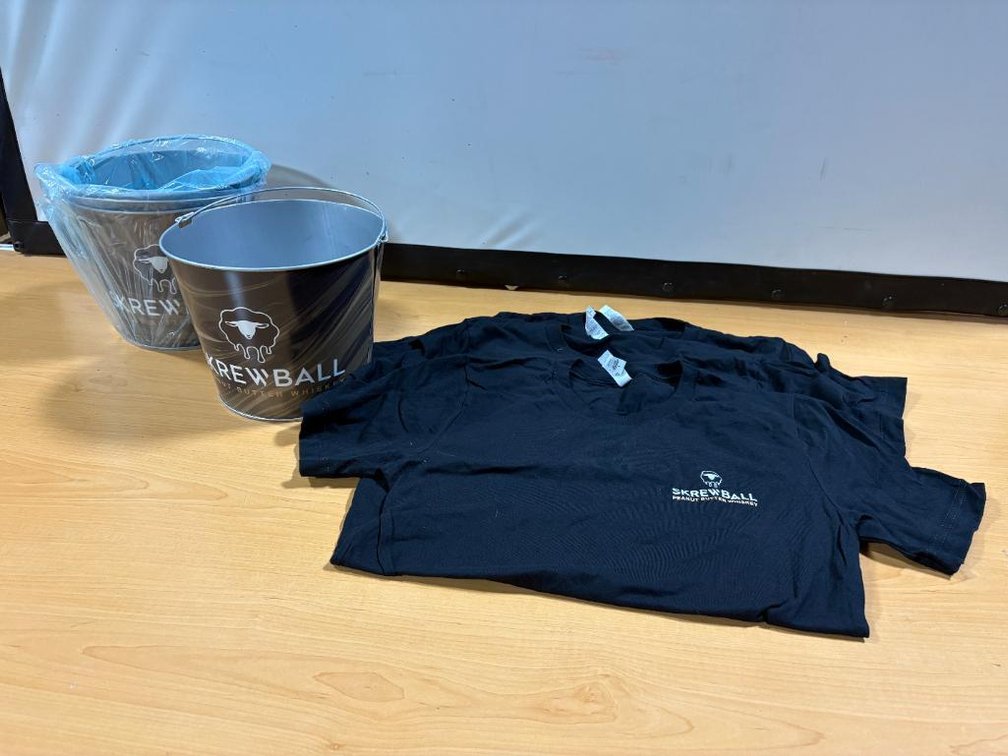 Liquor Merch. - 2 New Screwball Peanut Butter Whiskey Beer Buckets and 3 Screwball Size Small T-Shirts
