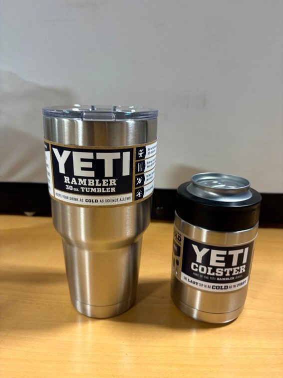YETI Drinkware, Lot of 2, 30oz Rambler Tumbler, Rambler Can Colster, Stainless Steel & Black, New