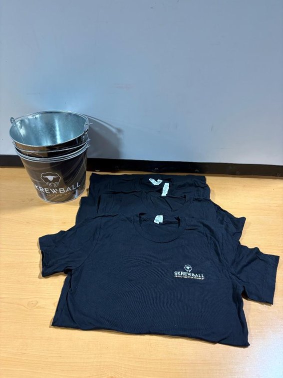 Liquor Merch. - 2 New Screwball Peanut Butter Whiskey Beer Buckets and 3 Screwball Size Small T-Shirts