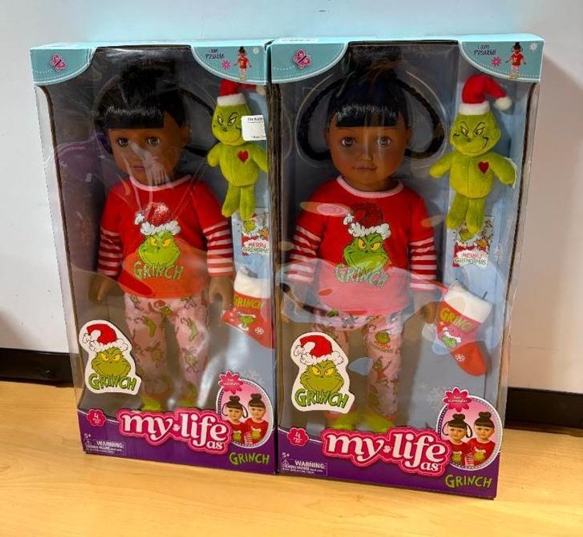 Lot of 2, New, My Life As Grinch 18in Doll, Poseable Sleepover Doll w/ Mini Grinch