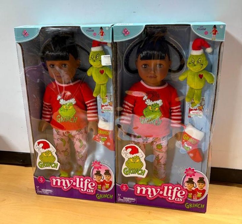Lot of 2, New, My Life As Grinch 18in Doll, Poseable Sleepover Doll w/ Mini Grinch