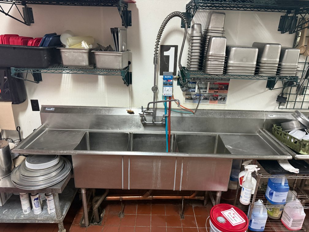 Sunfab Commercial 3-Compartment Sink w/ Spray Wand & Left & Right Drain Tables, 90in L, 14in D, 24in x 36in