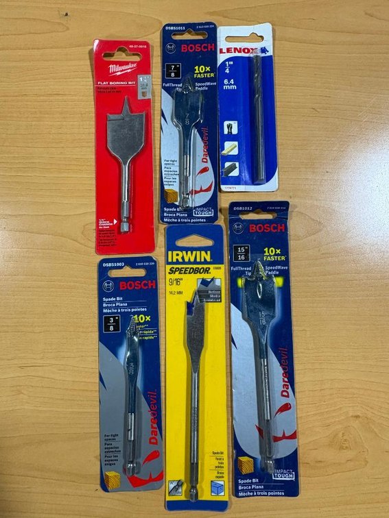 6 New Drill Bits, Milwaukee, Irwin, Ryobi, Various Sizes, Spade Bits