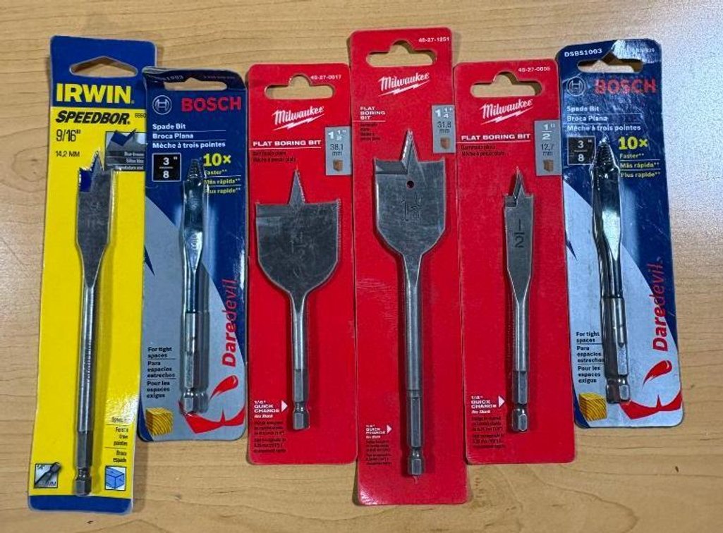 6 New Drill Bits, Milwaukee, Irwin, Ryobi, Various Sizes, Spade Bits