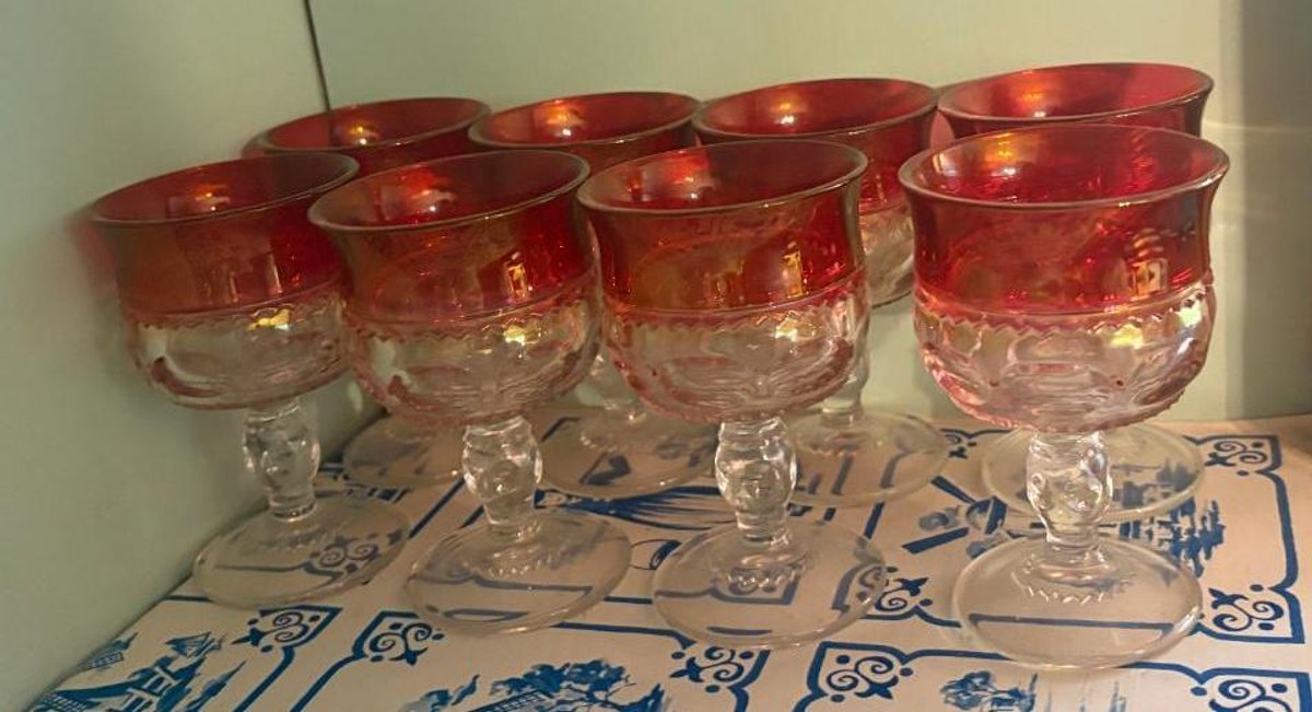 Lot of 8, Cut Glass Cranberry and Clear Goblets
