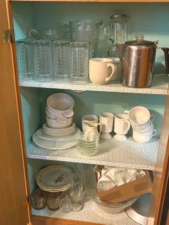 Cupboard Full of Vintage Drinkware and Glassware, Some China, See Images