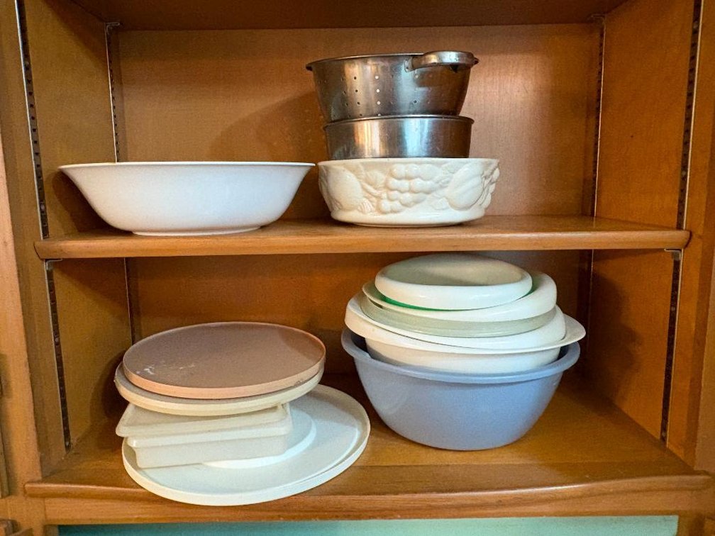 Kitchenwares: Colander, Mixing Bowls, Some Tupperware, China