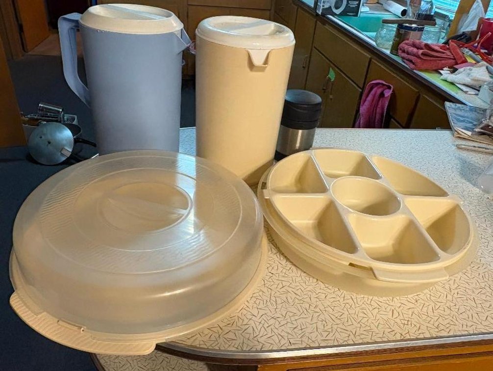 Vintage Tupperware, 2 Pitchers w/ Lids, Divided and Covered Serving Platter