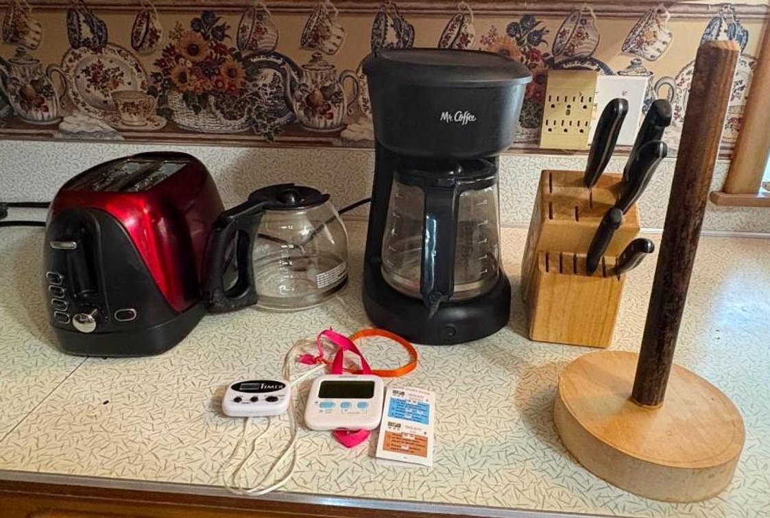 Kitchen Appliances and Supplies, Toaster, Coffee Maker, Knives, Timers, Paper Towel Holder