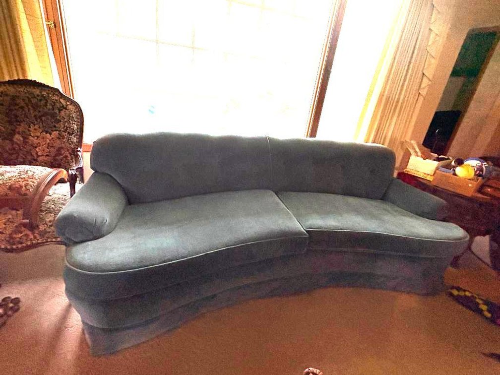 Mid-Century Modern Curved Cushioned Couch, Professionally Re-Upholstered