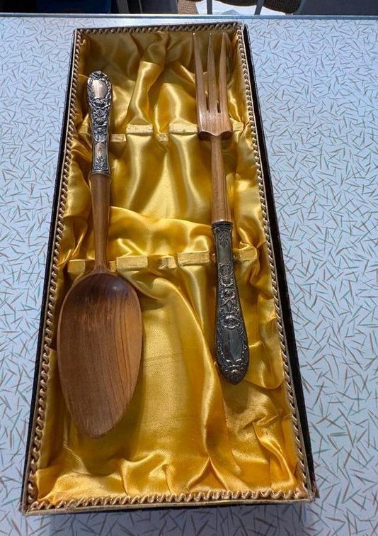 Vintage Salad Set, Wooden w/ Silver Handles