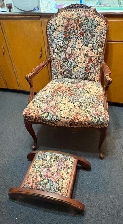 Antique Upholstered and Wood Arm Chair and Foot Stool
