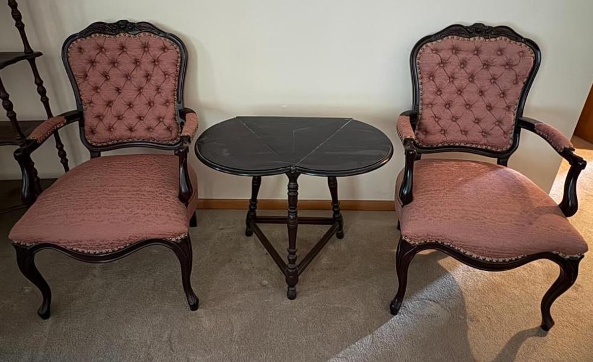 Pair of Victorian Upholstered Arm Chairs and Parlor Table
